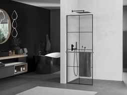 Mexen Kioto+ L zuhanyfal polccal Walk-in 90 x 200 cm, fekete rácsos, gun metal - 800-090-123-95-77