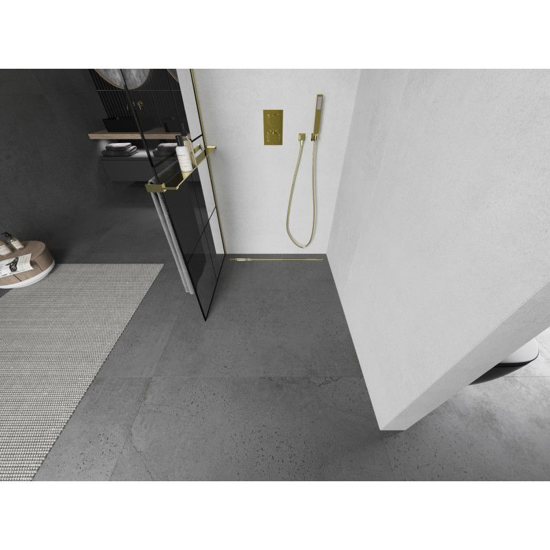 Mexen Kioto+ L zuhanyfal polccal Walk-in 80 x 200 cm, fekete rács, arany - 800-080-123-50-77