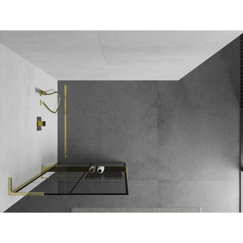 Mexen Kioto+ L zuhanyfal polccal, Walk-in 90 x 200 cm, fekete rács, arany - 800-090-123-50-77