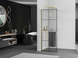 Mexen Kioto+ L panou de duş cu raft Walk-in 90 x 200 cm, model negru, finisaj aurit - 800-090-123-55-77
