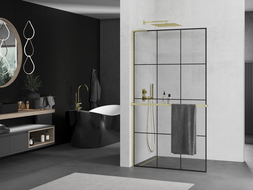 Mexen Kioto+ L perete de duș cu raft Walk-in 100 x 200 cm, model negru, finisaj auriu periat - 800-100-123-55-77