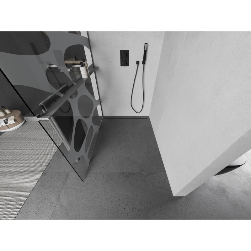 Mexen Kioto+ L zuhanyfal polccal Walk-in 100 x 200 cm, fehér hullám, gun gray kefe - 800-100-123-66-97