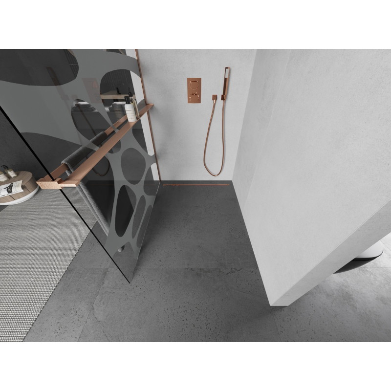 Mexen Kioto+ L 120 x 200 cm-es, polccal ellátott Walk-in zuhanyfal, fehér hullám, kefélt réz - 800-120-123-65-97
