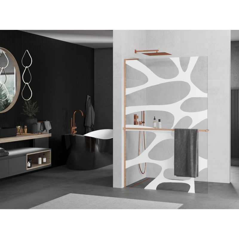 Mexen Kioto+ L 120 x 200 cm-es, polccal ellátott Walk-in zuhanyfal, fehér hullám, kefélt réz - 800-120-123-65-97