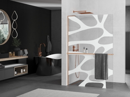 Mexen Kioto+ L 120 x 200 cm-es, polccal ellátott Walk-in zuhanyfal, fehér hullám, kefélt réz - 800-120-123-65-97