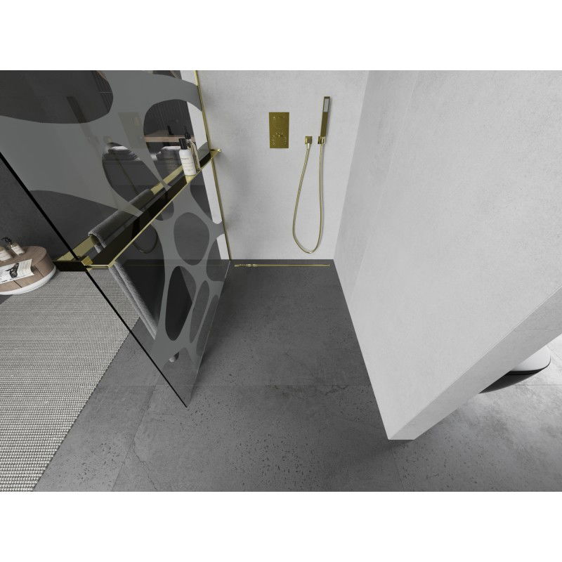 Mexen Kioto+ L panou de duș cu raft Walk-in 100 x 200 cm, undă albă, auriu - 800-100-123-50-97