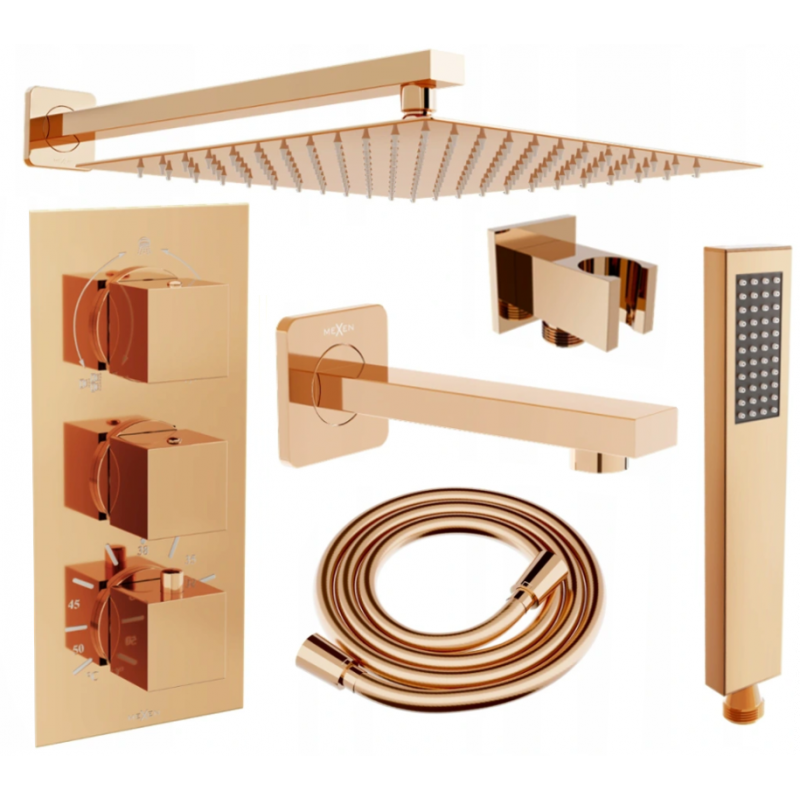 Mexen Cube DR02 beépíthető kád- és zuhanyszett esőztetővel 30 cm, rózsaarany - 77503DR0230-60
