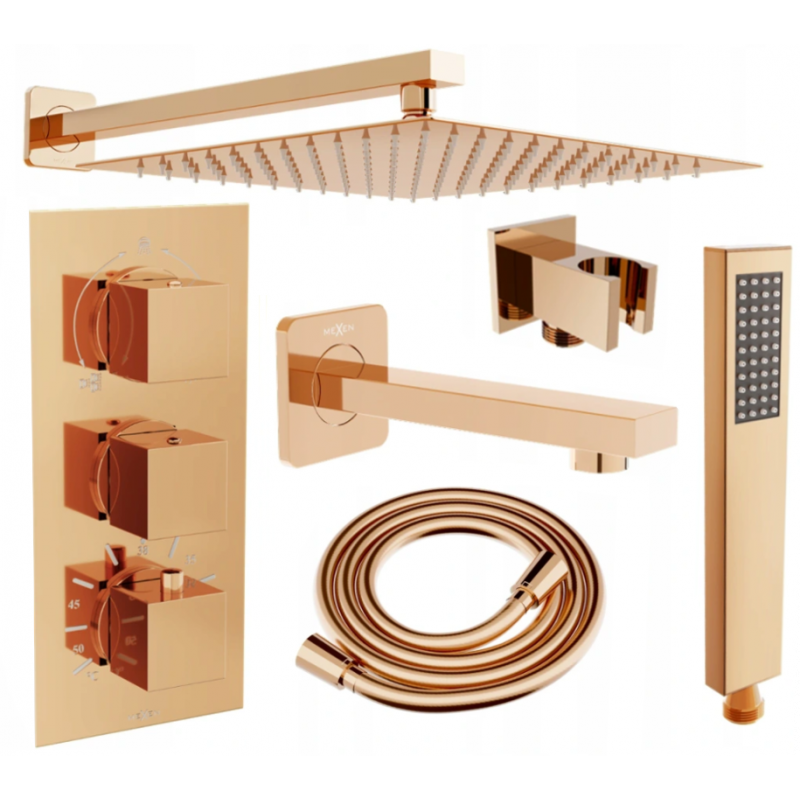 Mexen Cube DR02 set cadă-duș încastrat cu pară de tip ploaie30 cm, Roz-auriu - 77503DR0230-60