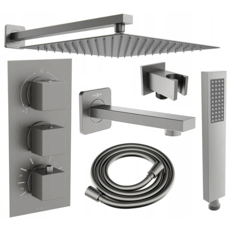 Mexen Cube DR02 rejtett kád- és zuhanyszett esőztetővel, 30 cm-es, kefevelt pisztolyszürke színben - 77503DR0230-66