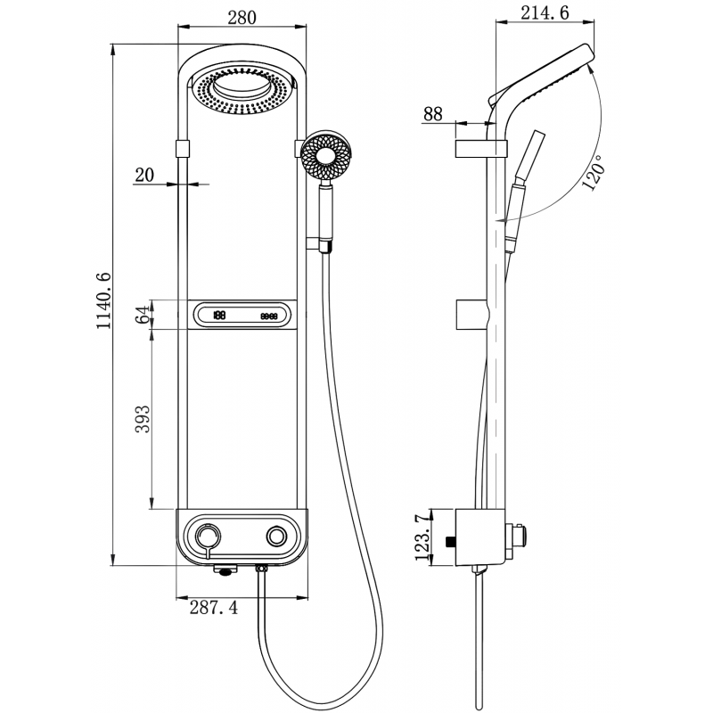 Mexen Peak fali zuhanykészlet esőztetővel és csapteleppel, LED kijelző, fekete - 78106-70