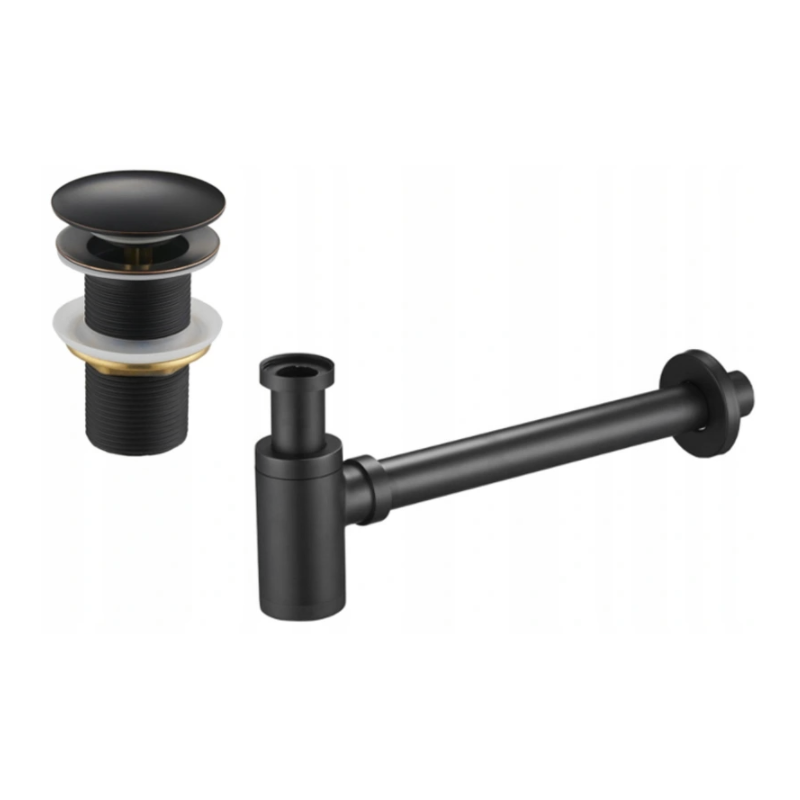 Półsifon Mexen rotund pentru lavoar cu dop click-clack, fără preaplin, negru antic - 7991050-79