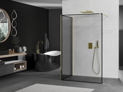 Mexen Kioto perete duș Walk-in 90 x 90 cm, cadru negru, auriu - 800-090-212-50-70-090