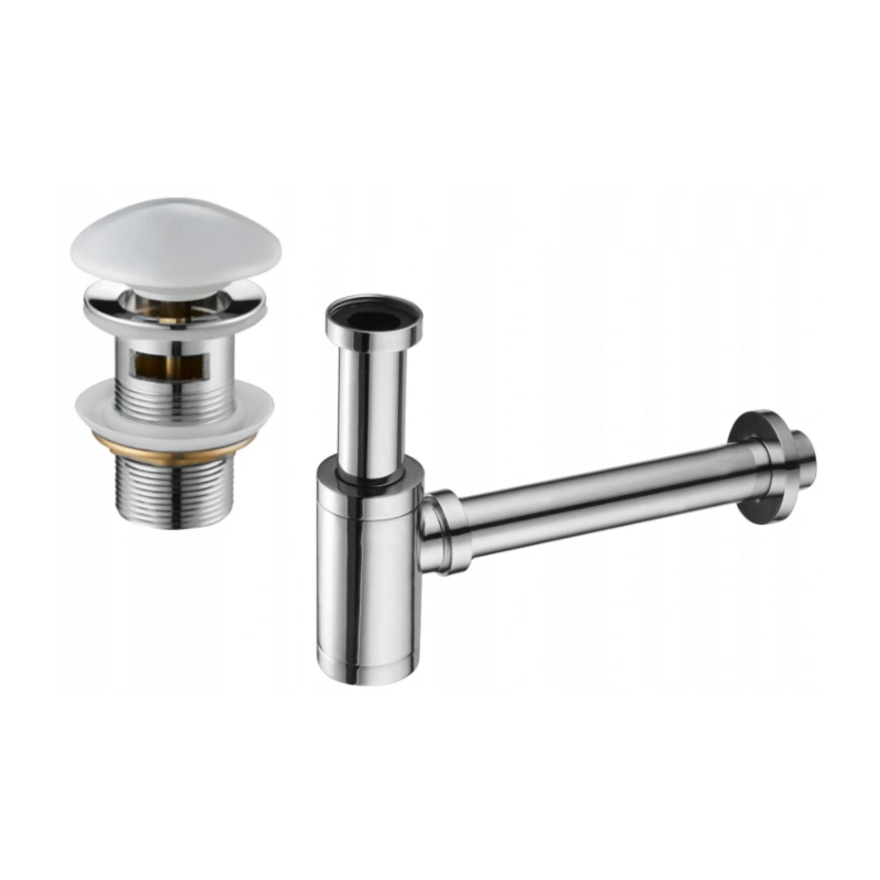 Mexen jumătate de sifon pentru lavoar rotund cu dop ceramic clic-clac, cu preaplin, crom/alb - 7992050-02
