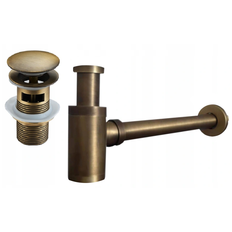 Mexen semi-sifon pentru lavoar rotund cu dop clic-clac, cu preaplin, bronz antic - 7992050-30