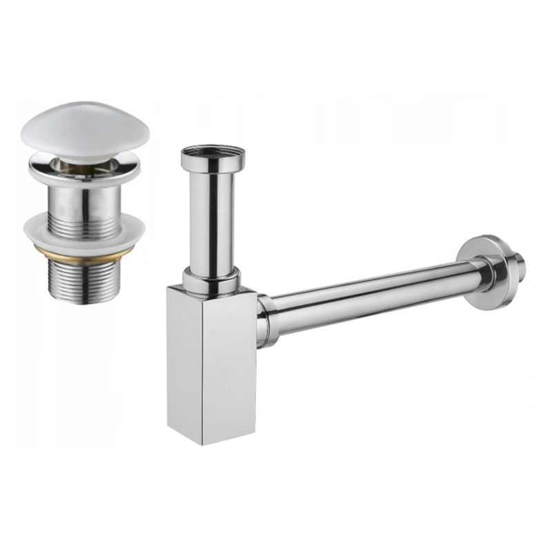 Mexen semi-sifon pătrat pentru chiuvetă cu dop ceramic click-clack, fără preaplin, crom/alb - 7991060-02