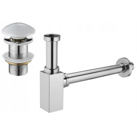 Mexen semi-sifon pătrat pentru chiuvetă cu dop ceramic click-clack, fără preaplin, crom/alb - 7991060-02