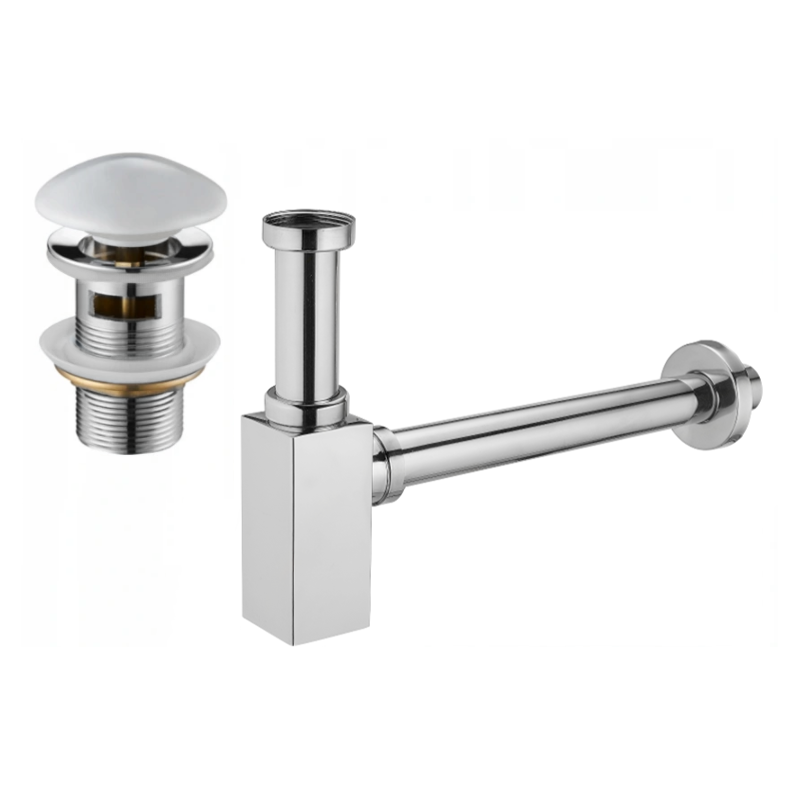 Mexen fél szifon mosdóhoz, négyzet alakú, kerámia klikk-klakk dugóval, túlfolyóval, króm/fehér - 7992060-02