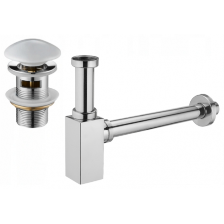 Mexen fél szifon mosdóhoz, négyzet alakú, kerámia klikk-klakk dugóval, túlfolyóval, króm/fehér - 7992060-02