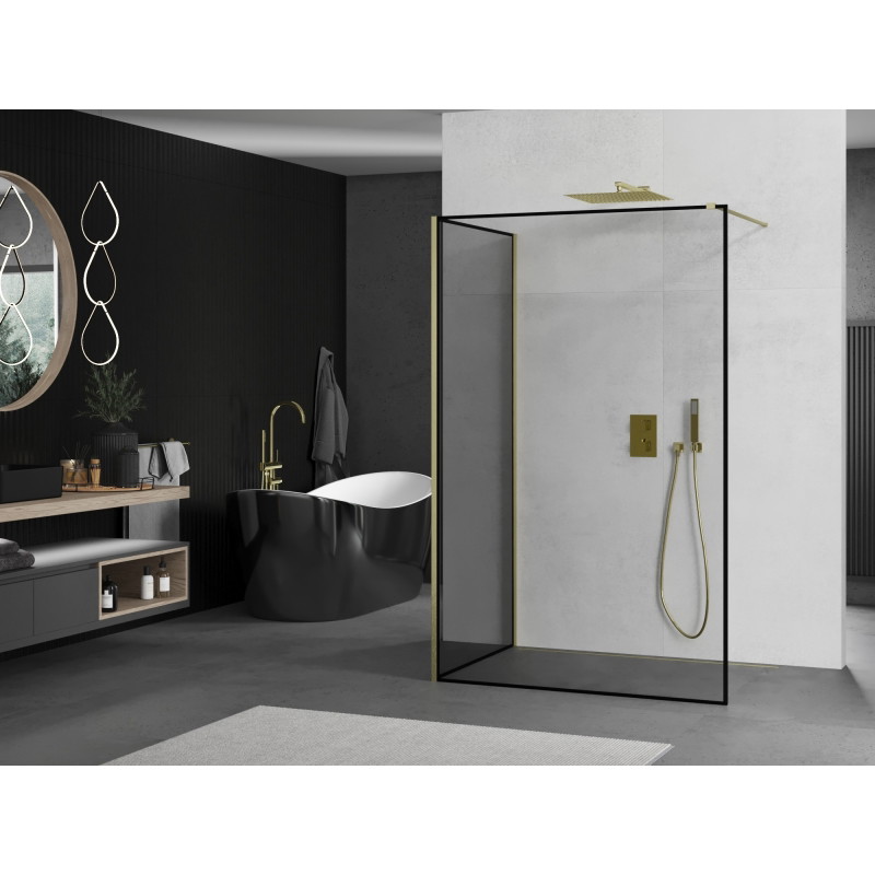 Mexen Kioto Walk-in zuhanyfal 90 x 80 cm, fekete keret, arany szálcsiszolt - 800-090-212-55-70-080