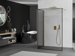 Mexen Kioto perete de duș Walk-in 90 x 80 cm, ramă neagră, auriu periat - 800-090-212-55-70-080