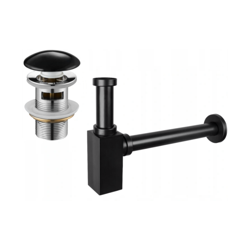 Mexen sifon parțial pentru chiuvetă pătrată cu valvă ceramică click-clack, cu preaplin, negru - 7992060-75