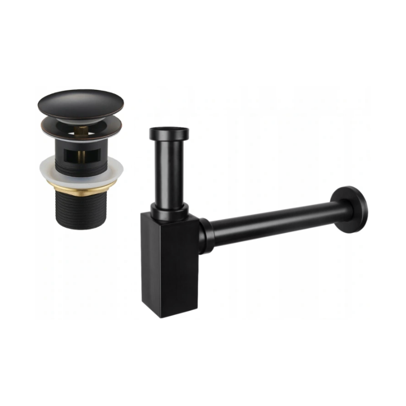Mexen jumătate de sifon pentru chiuvetă pătrată cu capac click-clack, cu preaplin, negru antic - 7992060-79