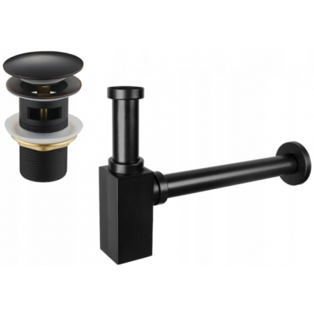 Mexen jumătate de sifon pentru chiuvetă pătrată cu capac click-clack, cu preaplin, negru antic - 7992060-79