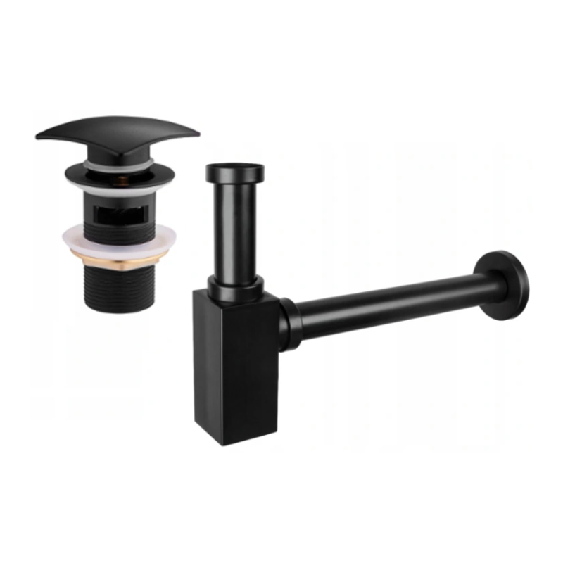Mexen sifon parțial de chiuvetă pătrat cu dop click-clack, cu preaplin, negru - 7992660-70