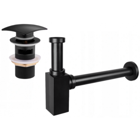Mexen sifon parțial de chiuvetă pătrat cu dop click-clack, cu preaplin, negru - 7992660-70