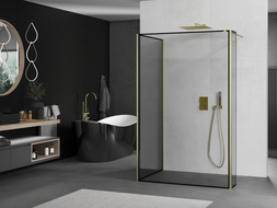 Mexen Kioto perete duș Walk-in 140 x 100 x 40 cm, model negru, finisaj auriu periat - 800-140-100-221-55-70-040