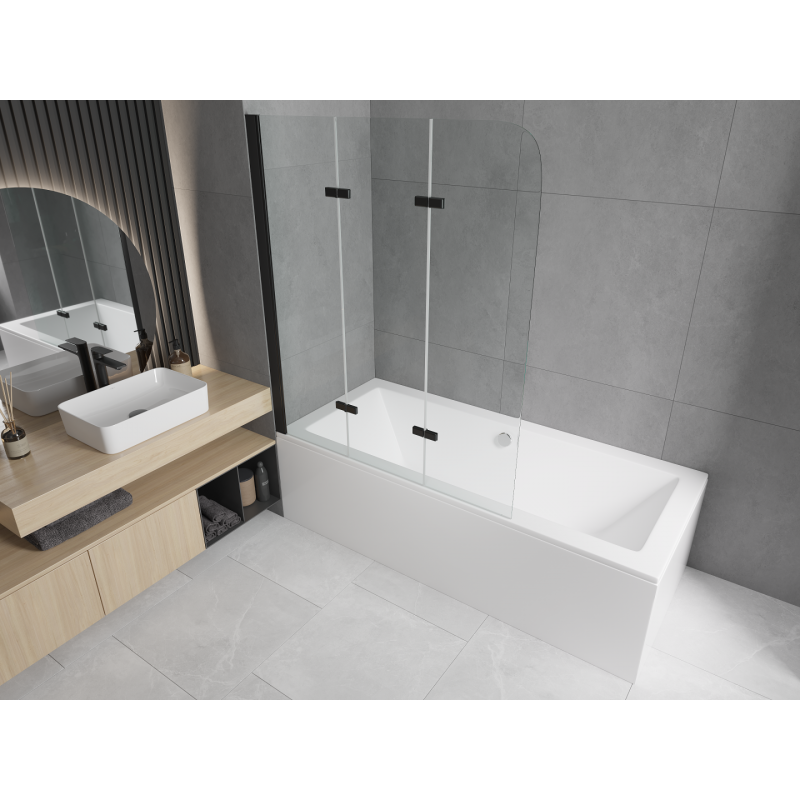 Mexen Cube cada dreptunghiulară 170 x 80 cm cu panou și paravan cu 3 aripi 120 cm, transparent, negru - 550517080X9012037000