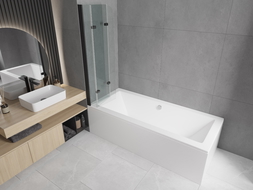 Mexen Cube téglalap alakú kád 180 x 80 cm burkolattal és 3-szárnyú paravánnal 120 cm, átlátszó, fekete - 550518080X9012037000