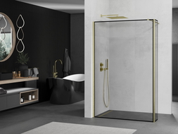 Mexen Kioto zuhanyfal Walk-in 150 x 40 cm, fekete keret, arany kefélt - 800-150-212-55-70-040