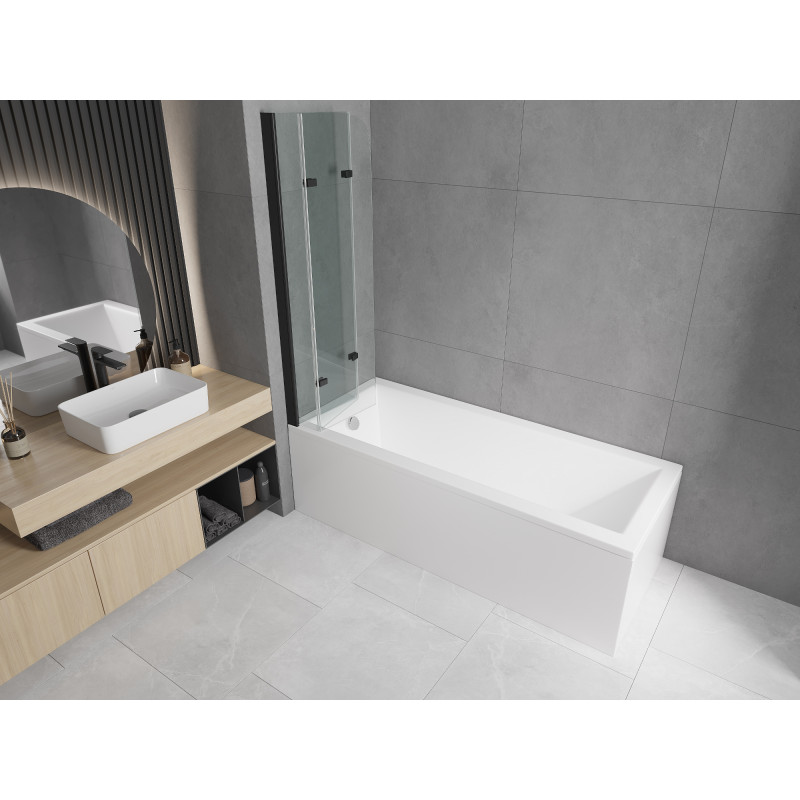 Mexen Cubik cadă dreptunghiulară 150 x 70 cm cu placă și paravan cu 3 canaturi 120 cm, transparent, negru