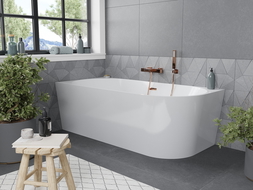 Mexen Mia cada tub freestanding colțar stânga 150 x 75 cm, alb, evacuat aur roz - 52691507500L-60