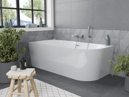 Mexen Mia cadă de baie freestanding colțar stâng 150 x 75 cm, alb, cu preaplin din nichel periat - 52691507500L-97