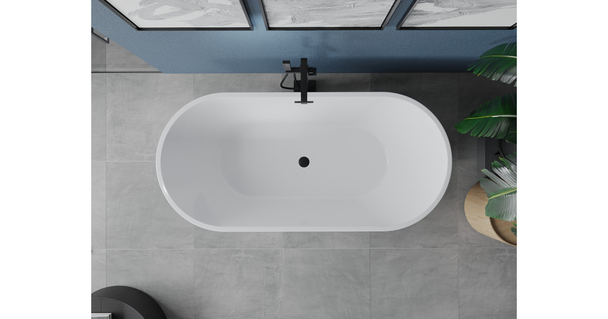 Mexen Luna cadă freestanding 180 x 80 cm, albă, preaplin negru