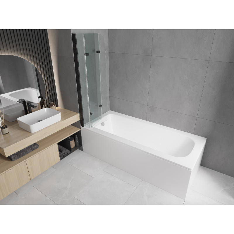 Mexen Vega téglalap alakú kád 180 x 80 cm burkolattal és 3-szárnyú paravánnal 120 cm, átlátszó, fekete