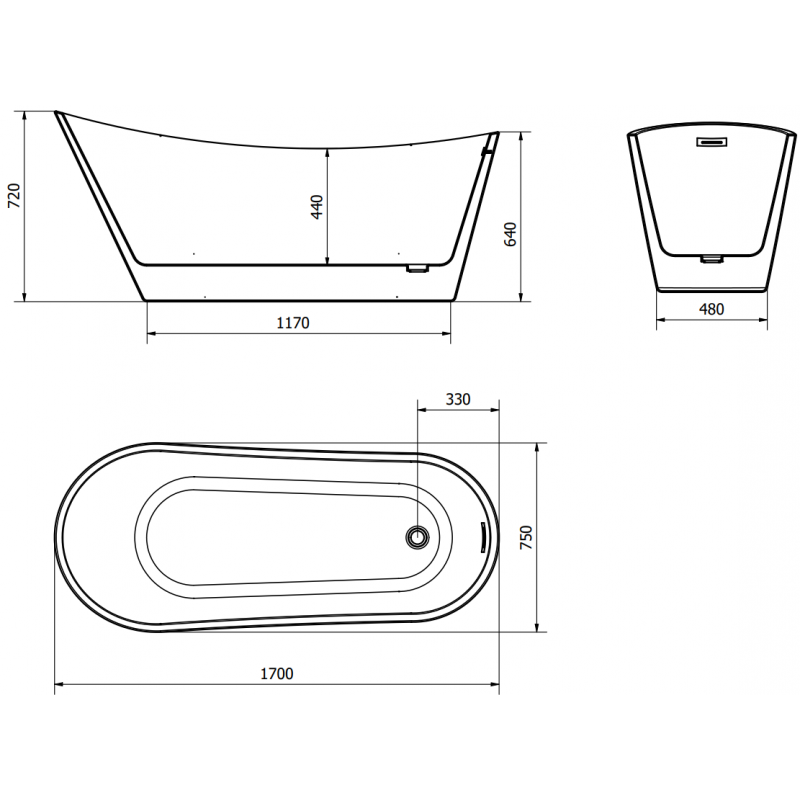 Mexen Alta cadă de baie freestanding 170 x 75 cm, albă, preaplin crom - 52141707500-01