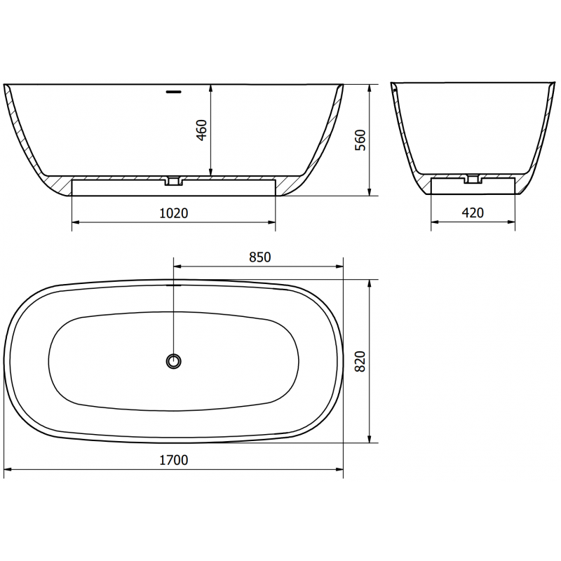 Mexen Como cadă de baie independentă din conglomerat 170 x 82 cm, beton mat - 57311708261