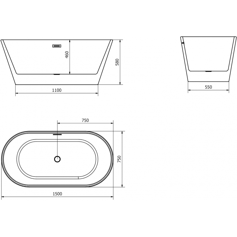 Mexen Flavia cadă freestanding 150 x 75 cm, albă, preaplin negru - 54031507500-70