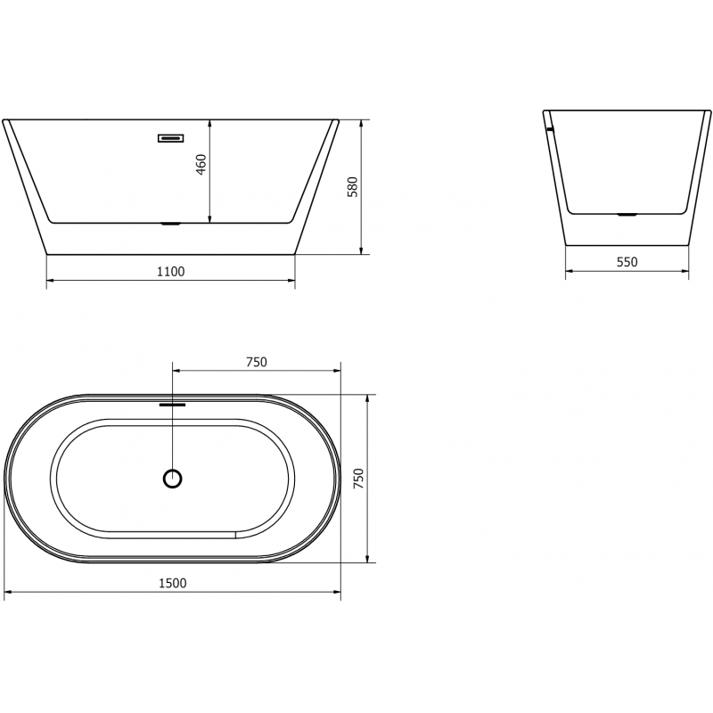 Mexen Flavia cadă freestanding 150 x 75 cm, albă/neagră, preaplin auriu periat - 54031507575-55