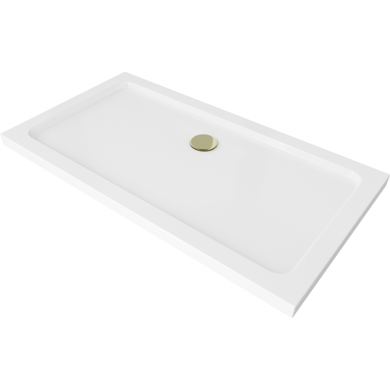 Mexen Flat cadă pentru duș dreptunghiulară slim 140 x 70 cm, Albă, sifon Aurie - 40107014G