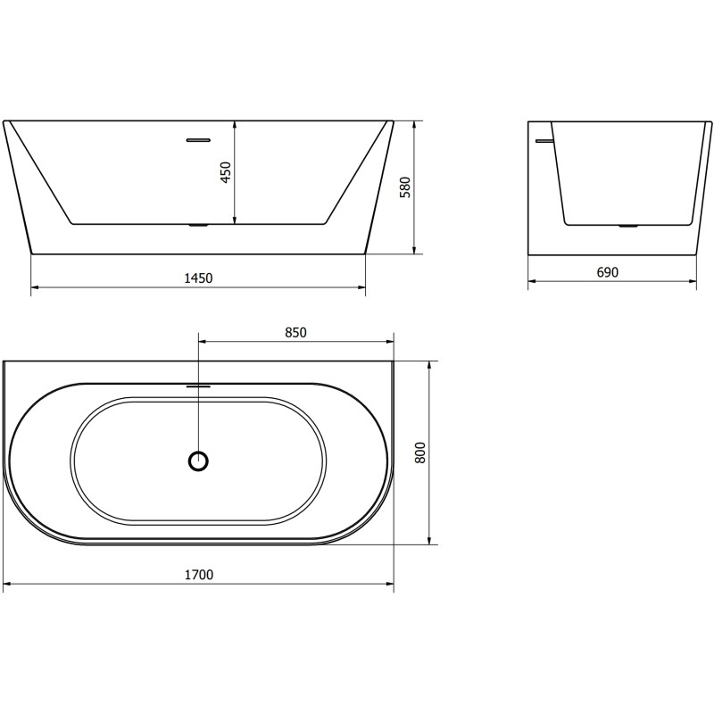 Mexen Oval+ szabadon álló-fali kád 170 x 80 cm, fehér, arany túlfolyó - 52681708000-50