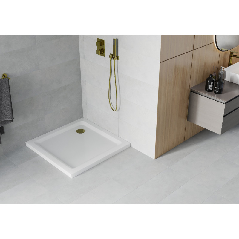Mexen Flat square slim zuhanytálca 90 x 90 cm, fehér, arany szifon - 40109090G
