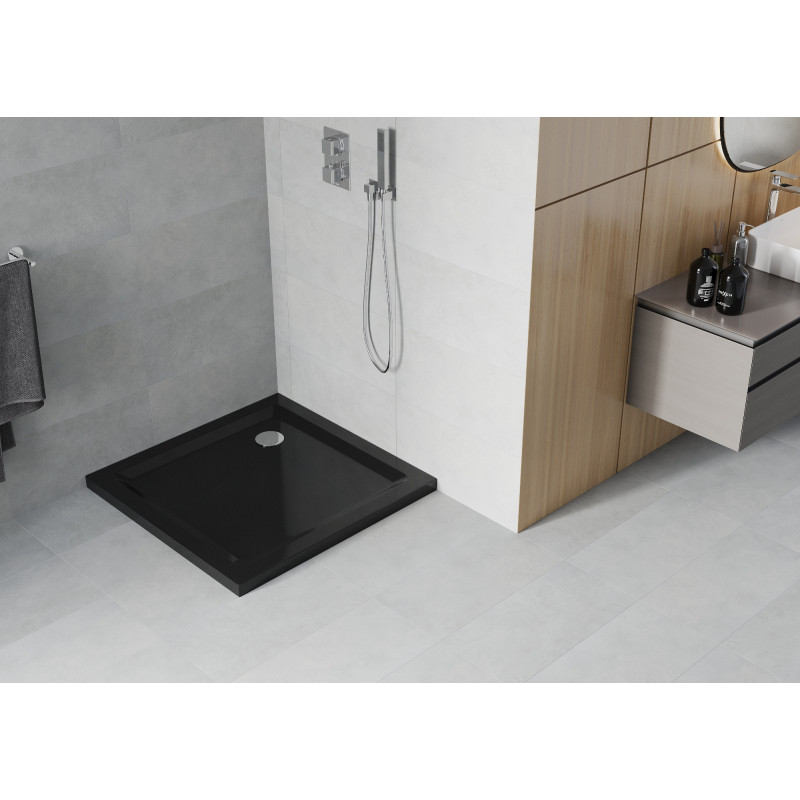 Mexen Flat recepție pătrată slim 80 x 80 cm, negru, sifon crom - 40708080