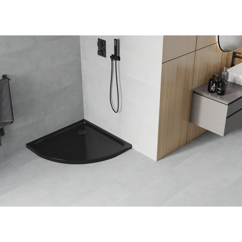 Mexen Flat slim félköríves zuhanytálca 90 x 90 cm, fekete, fekete szifon - 41709090B