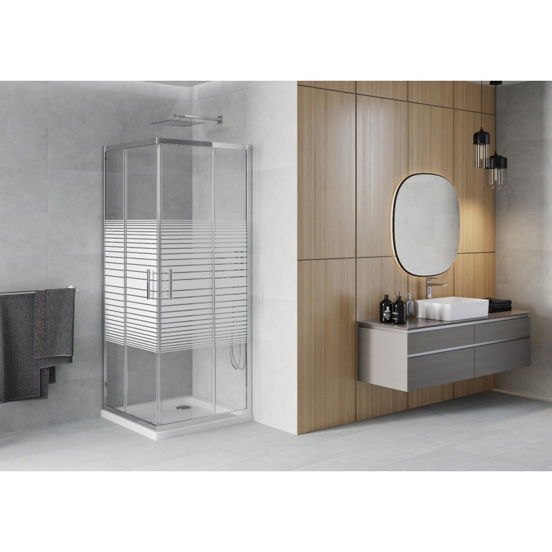 Mexen Rio cabina de duș pătrată 70 x 70 cm, dungi albe, crom + cadă Flat, alb - 860-070-070-01-20-4010