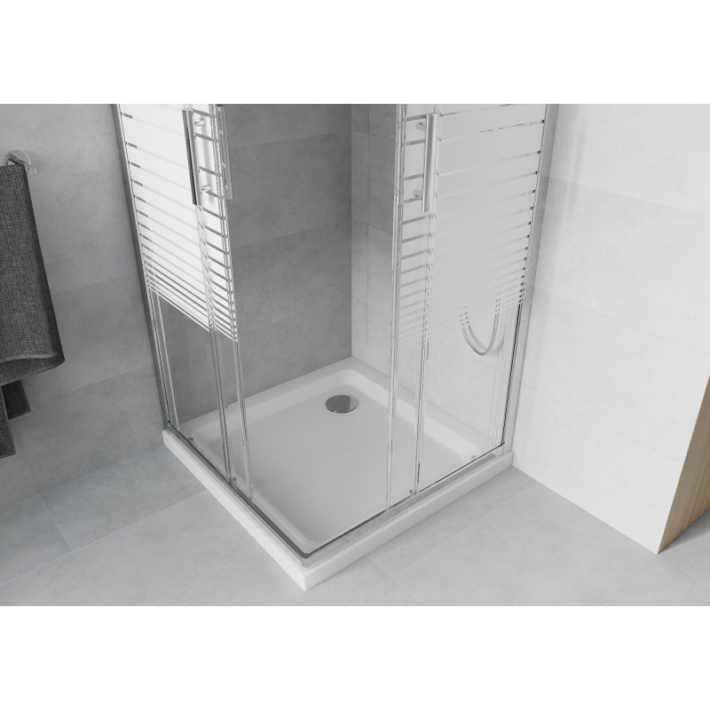 Mexen Rio cabina de duș pătrată 70 x 70 cm, dungi albe, crom + cadă Flat, alb - 860-070-070-01-20-4010