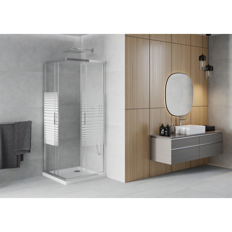 Mexen Rio cabina de duș pătrată 70 x 70 cm, dungi albe, crom + cadă Flat, alb - 860-070-070-01-20-4010